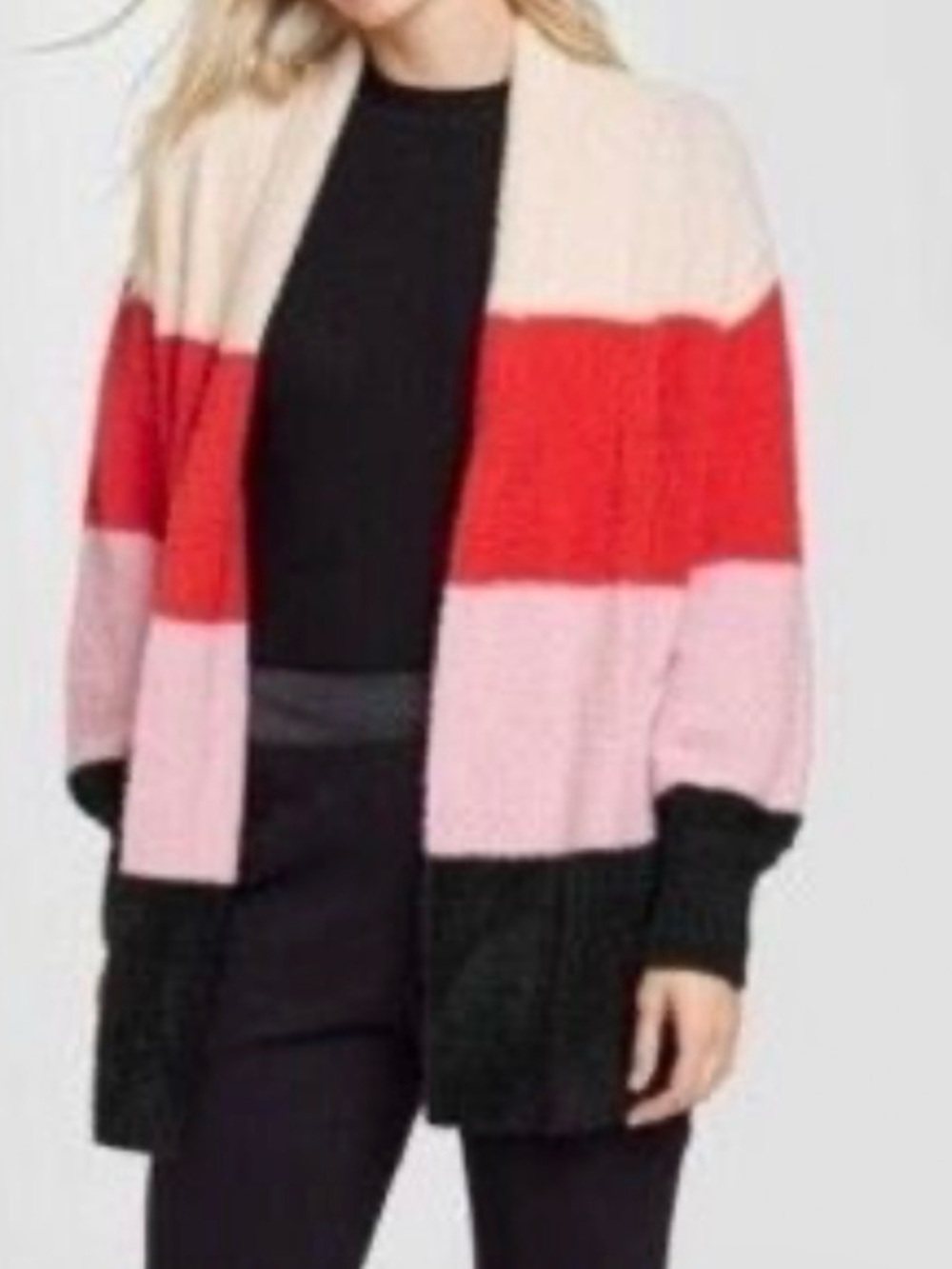 Who What Wear Colorblock Open-Front Cardigan in Cream, Red, Pink & Black